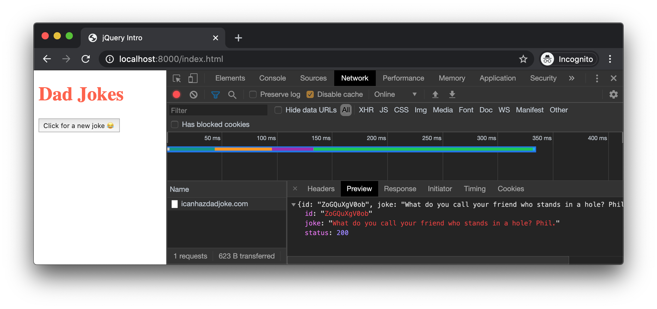 Network panel showing AJAX Response