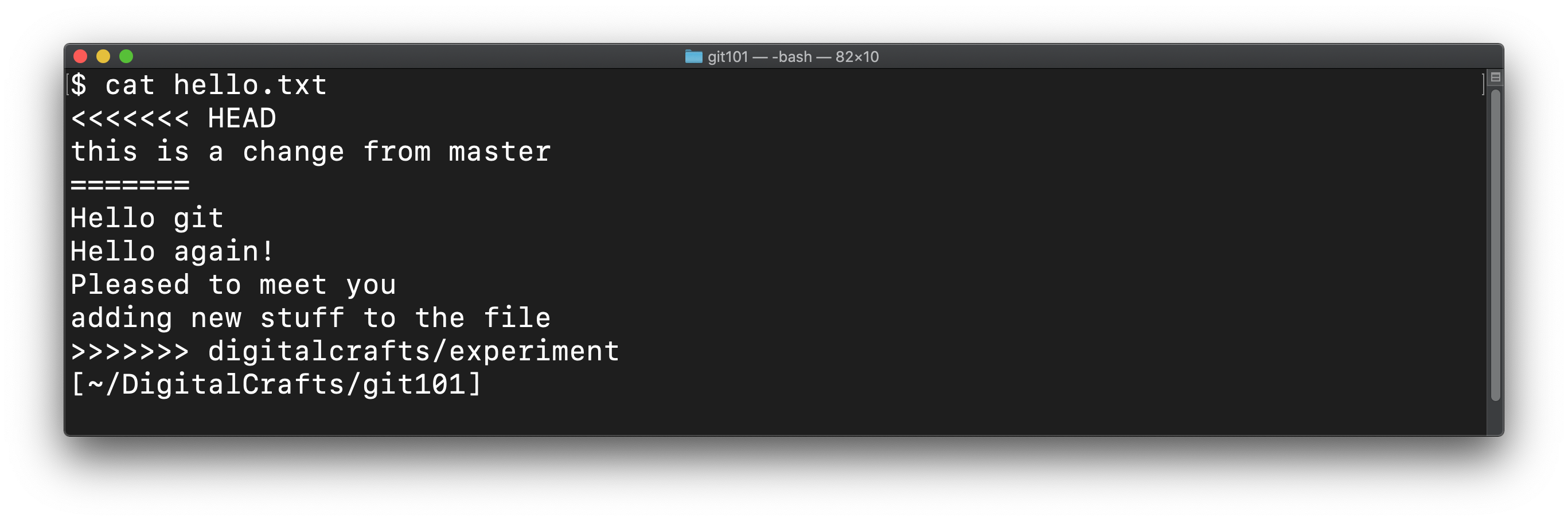 Contents of hello.txt showing conflicting content from two branches