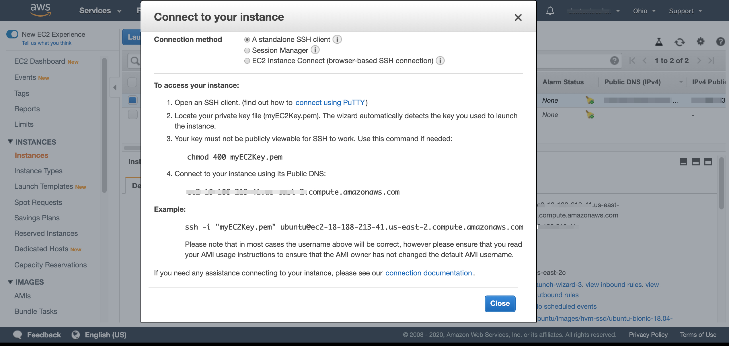 Connect Instance Popup