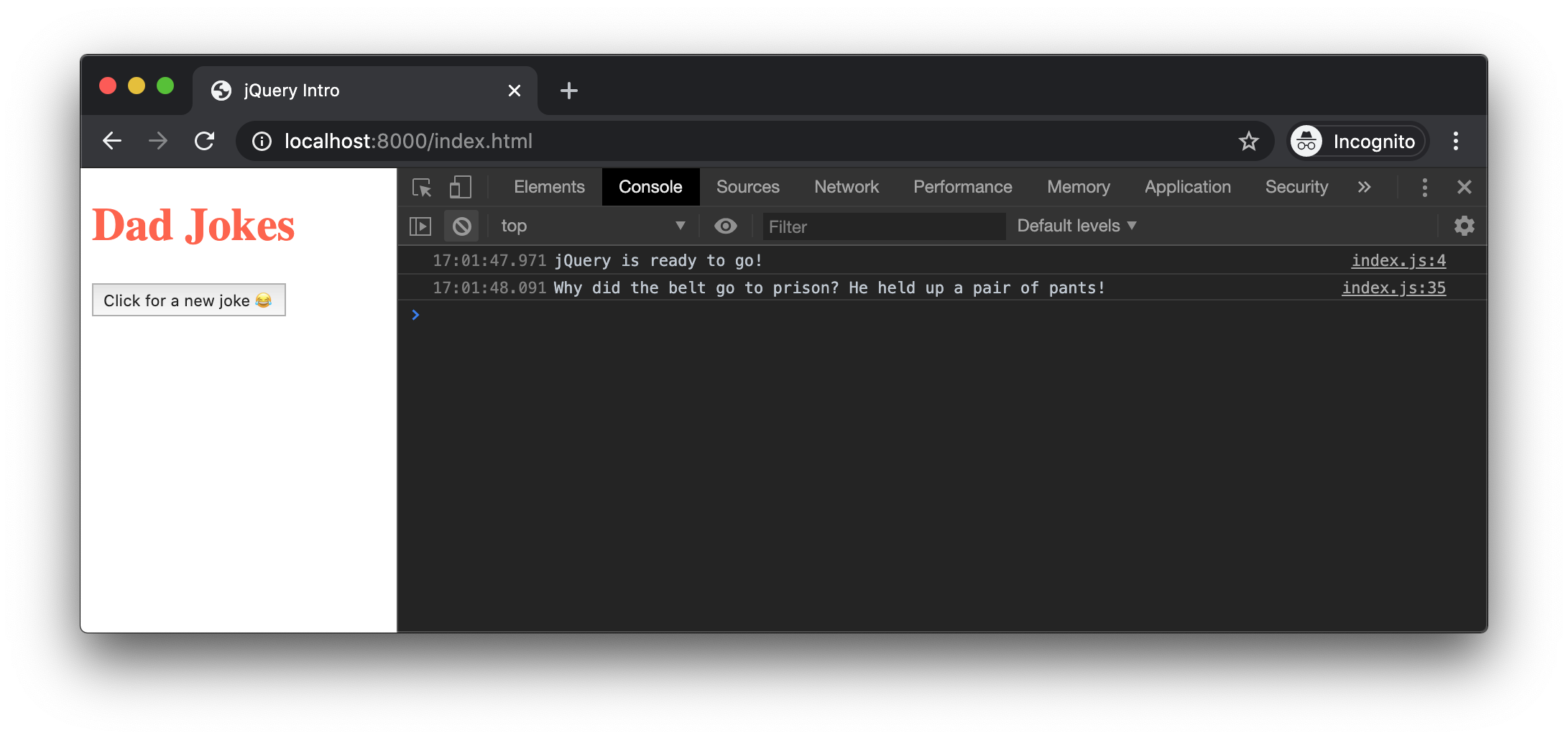 console.log showing only the text of the joke