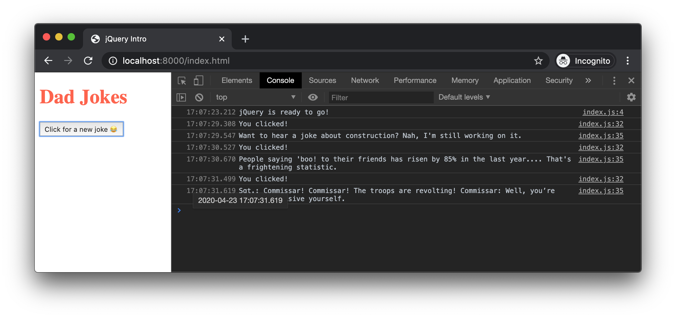 Console showing the text of multiple jokes