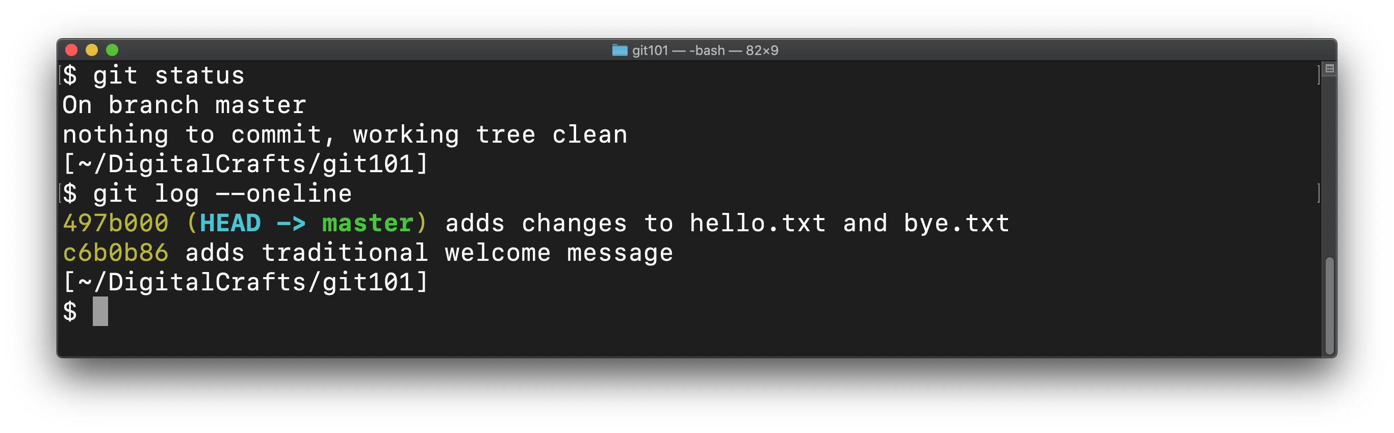 Output of status and log after resetting and stashing