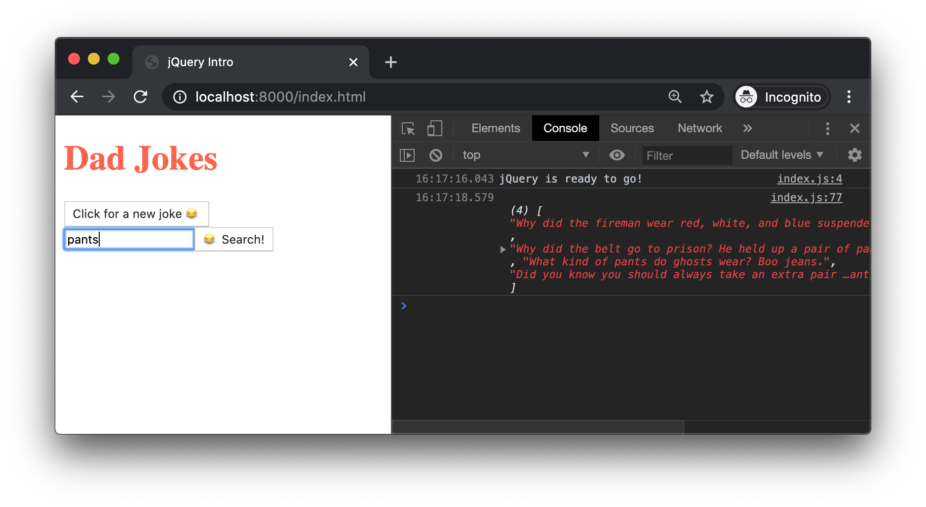 Joke text printed in console after submitting form