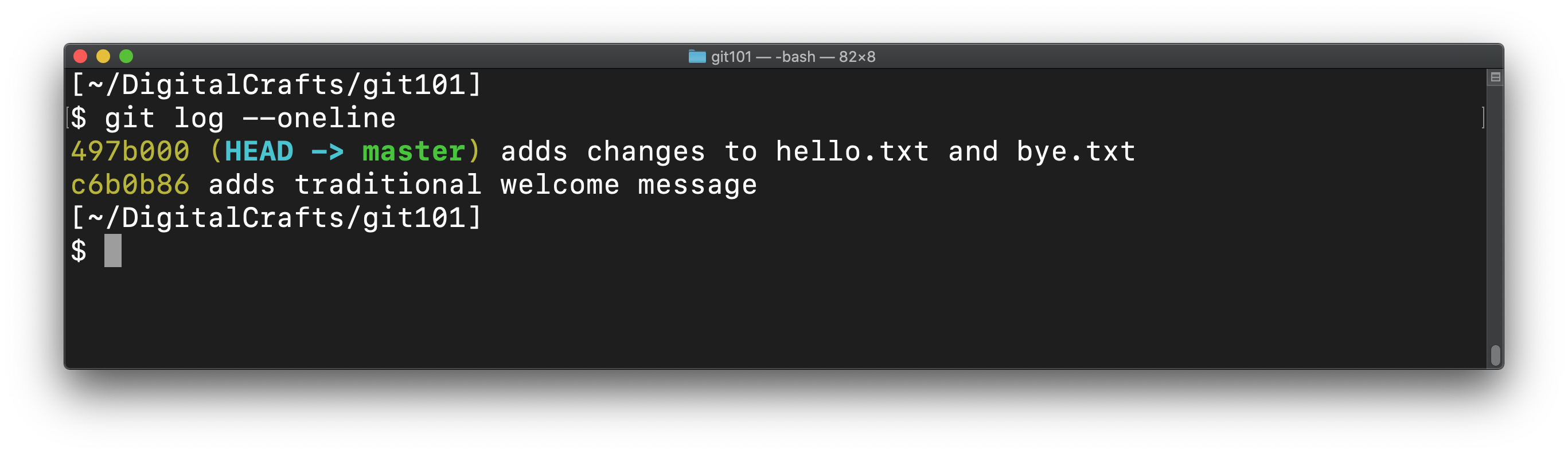 git log showing only two commits