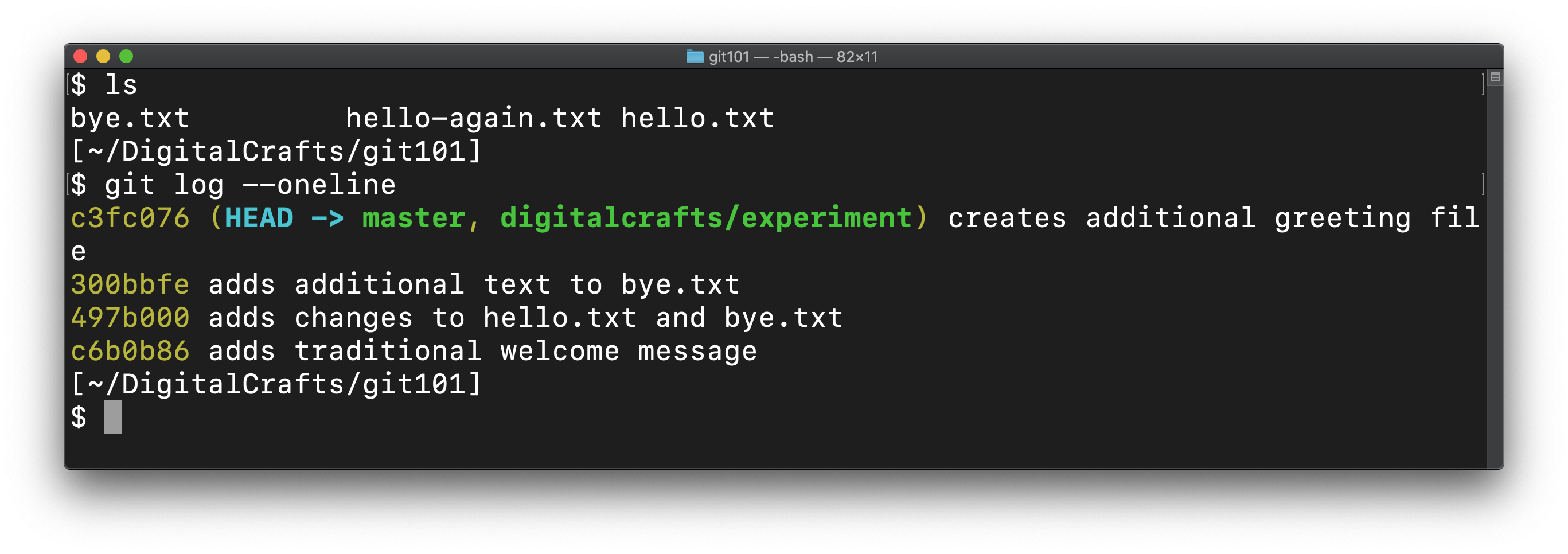 ls showing new file and git log showing two new commits