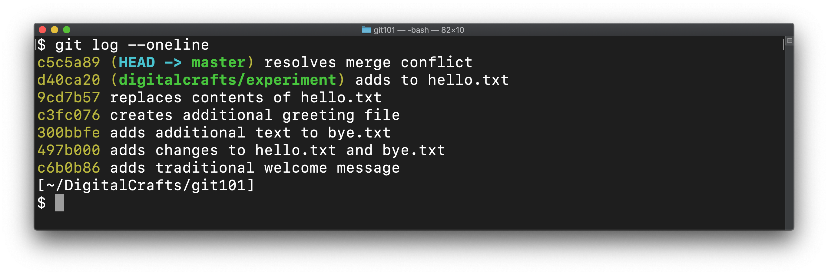 git log showing all commits including merge to resolve conflict