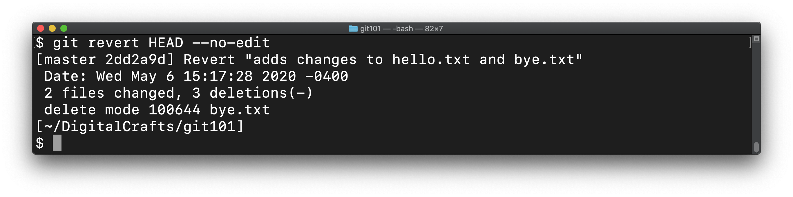 Output from reverting the HEAD