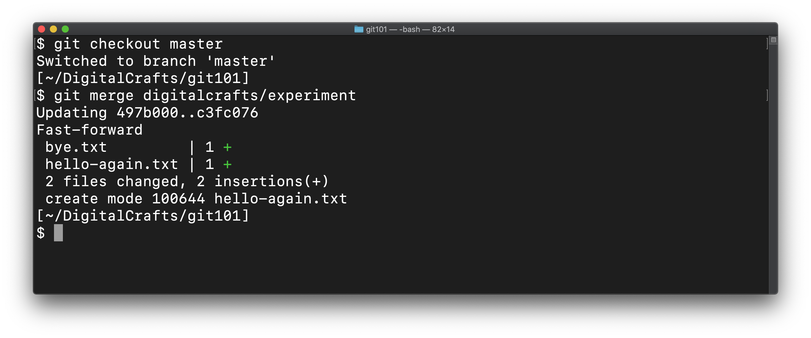 Terminal showing the results of merging