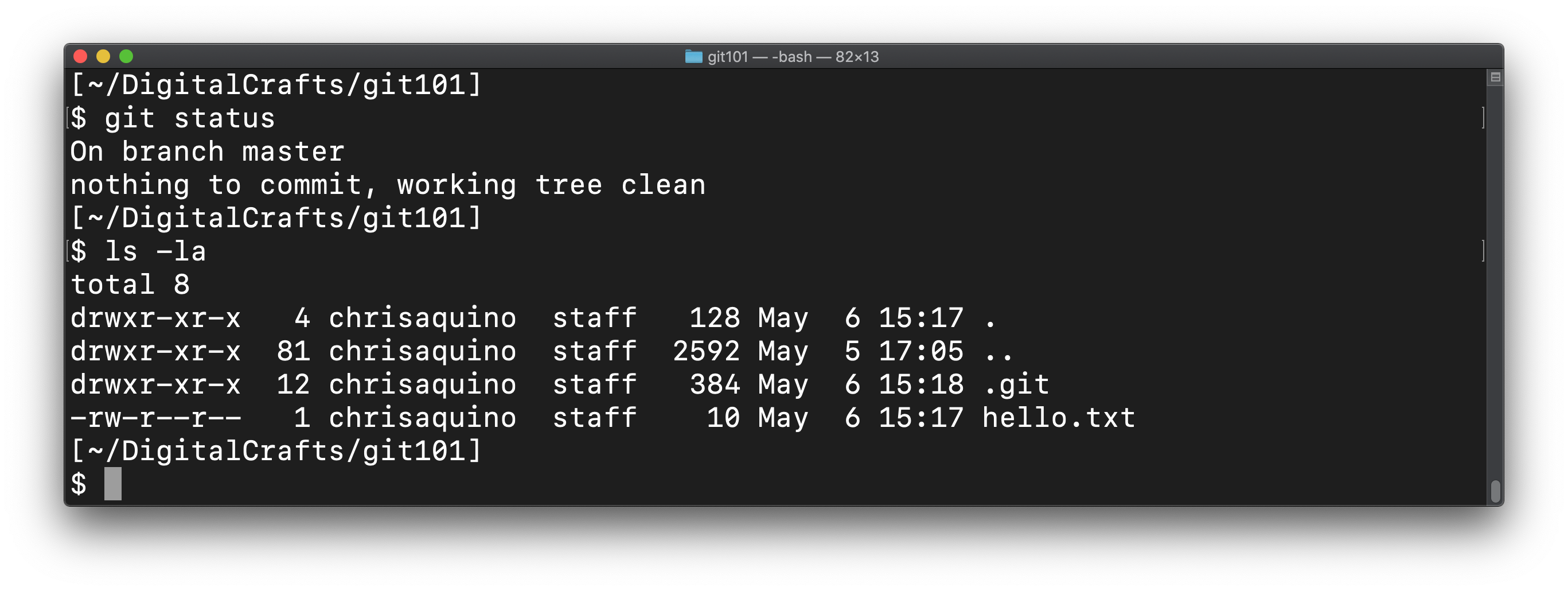Clean status and directory containing .git and hello.txt