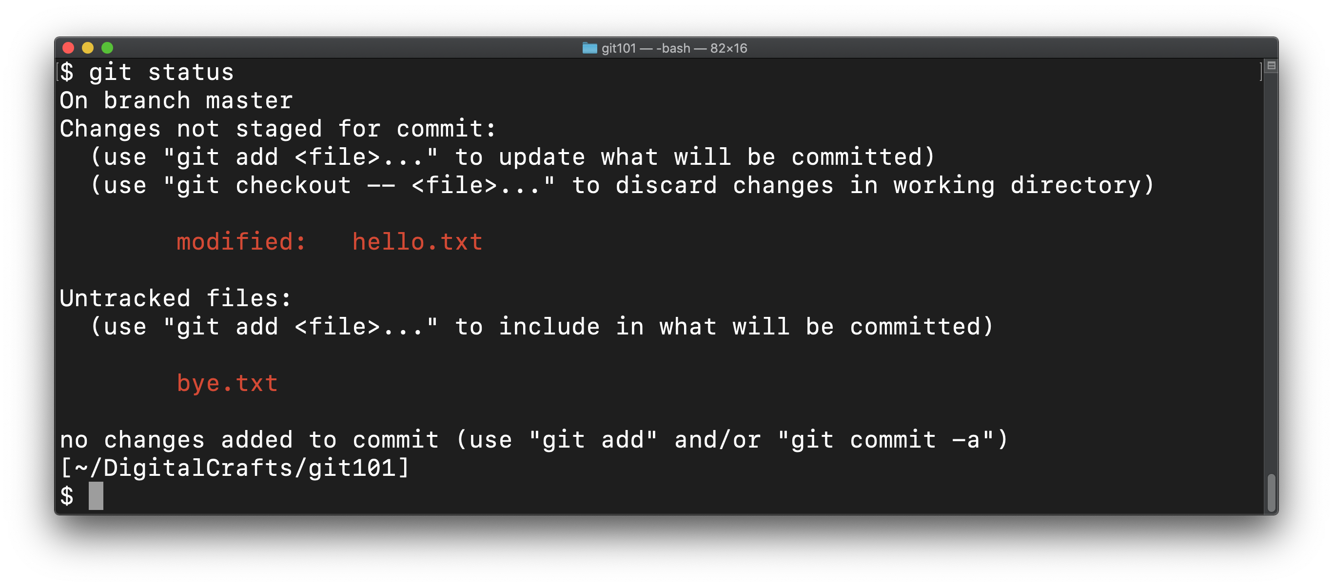 Status after creating bye.txt and modifying hello.txt