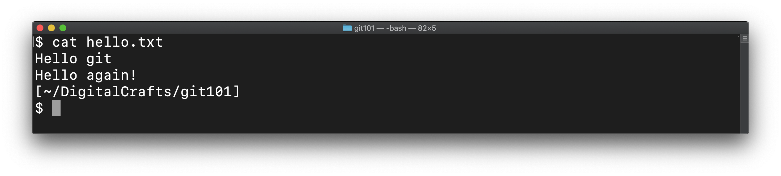 cat hello.txt showing two lines